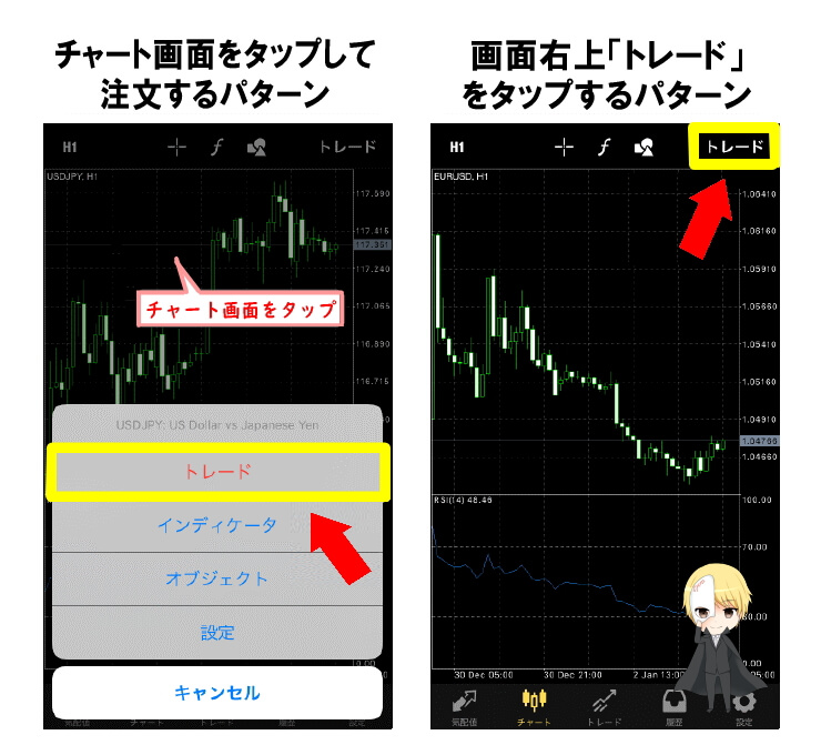 MT4スマホアプリでのチャートメニューからの注文方法