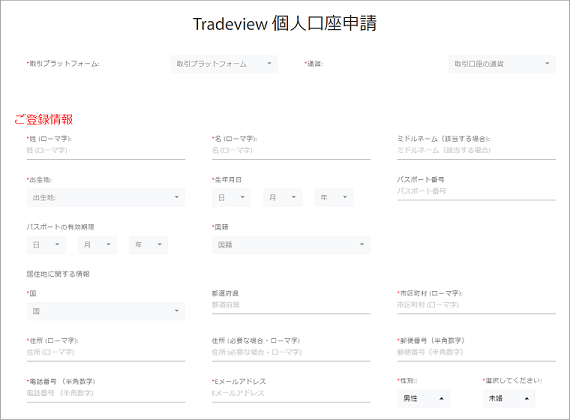 パソコンで見る「Tradeview 個人口座申請」画面